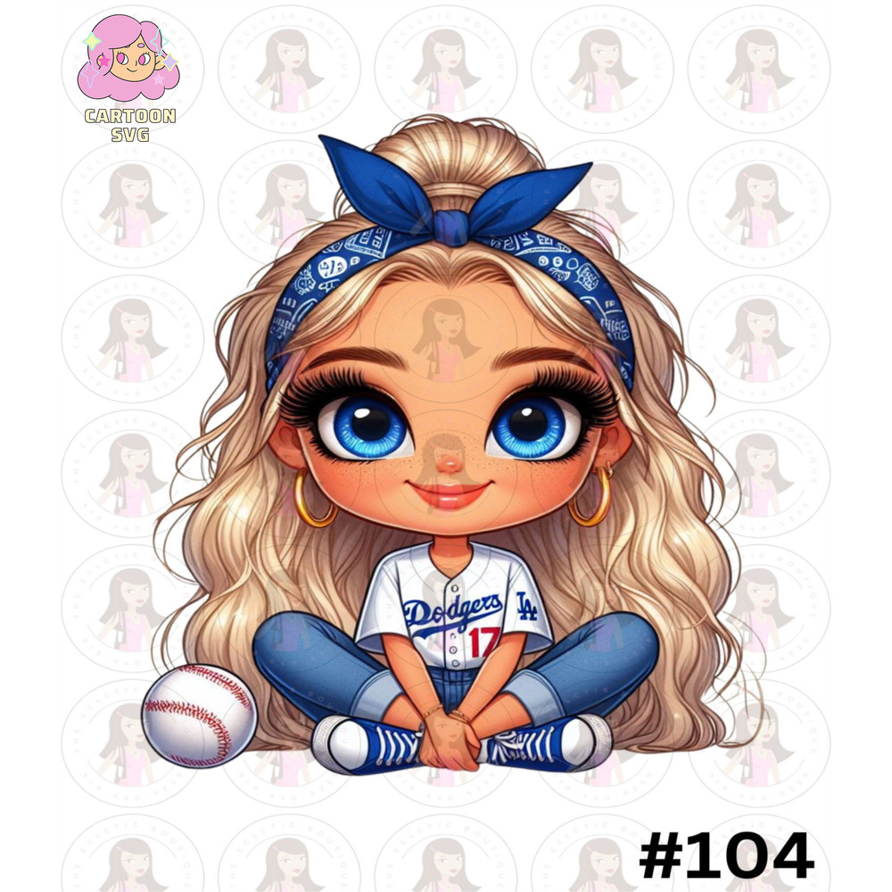 Cartoon Girl Baseball Fan Dodgers Blonde Hair Blue Eyes PNG Sublimation Digital Design Download DTF Print.jpg
