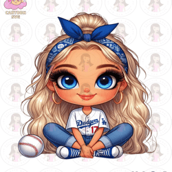 cartoon girl baseball fan dodgers blonde hair blue eyes png sublimation digital design download dtf print - cartoon svg
