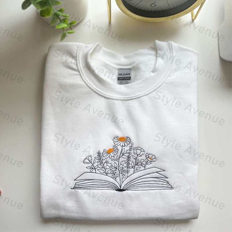 Book With Flowers, Floral Book Embroidered Sweatshirt, Gift For Book Lover.jpg