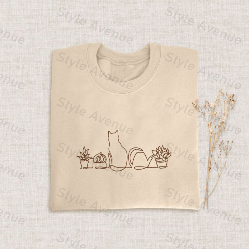 Cat And Plants Embroidered Sweatshirt 2D Crewneck Sweatshirt For Men And Women.jpg