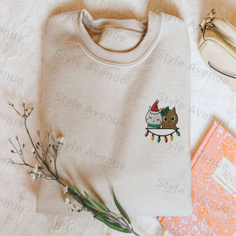 Christmas Cat Sweatshirt Embroidered, 2 Peeping Cats In Xmas Joy Pullover, For Cat Lovers.jpg