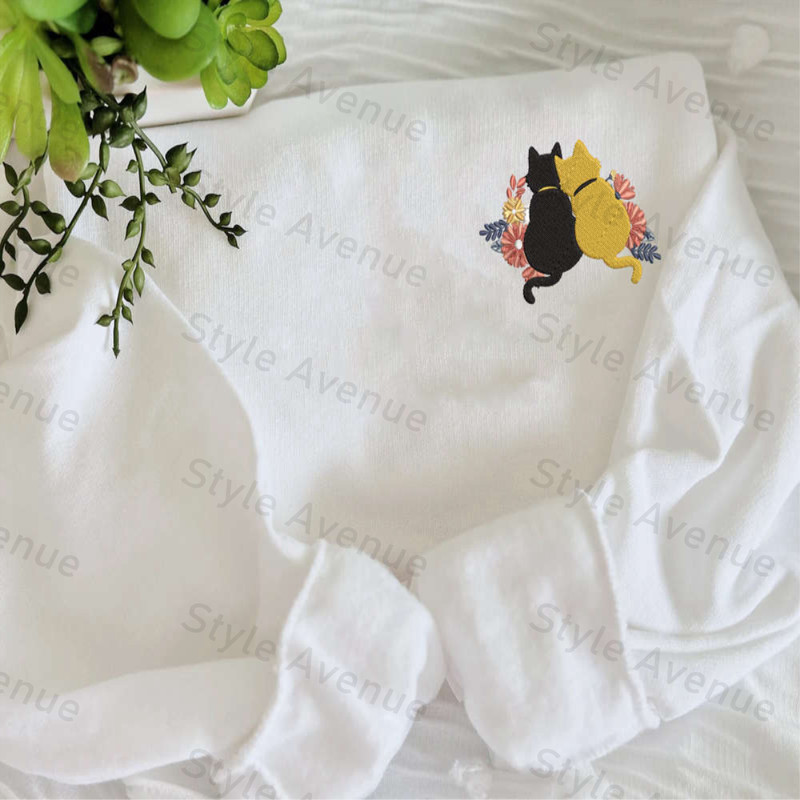 Cute Cat Embroidered Sweatshirt, Couple Embroidery Sweatshirt Gift For Couple.jpg