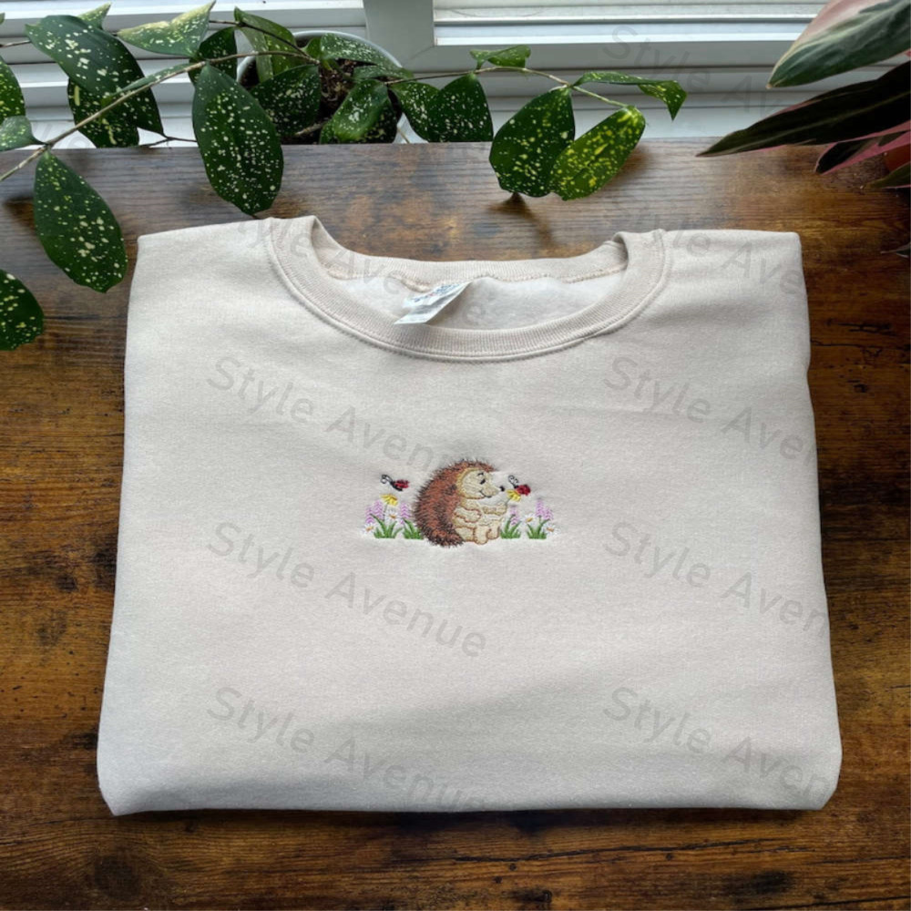 Cute Hedgehog with Flowers and Ladybugs Embroidered Sweatshirt For Family.jpg