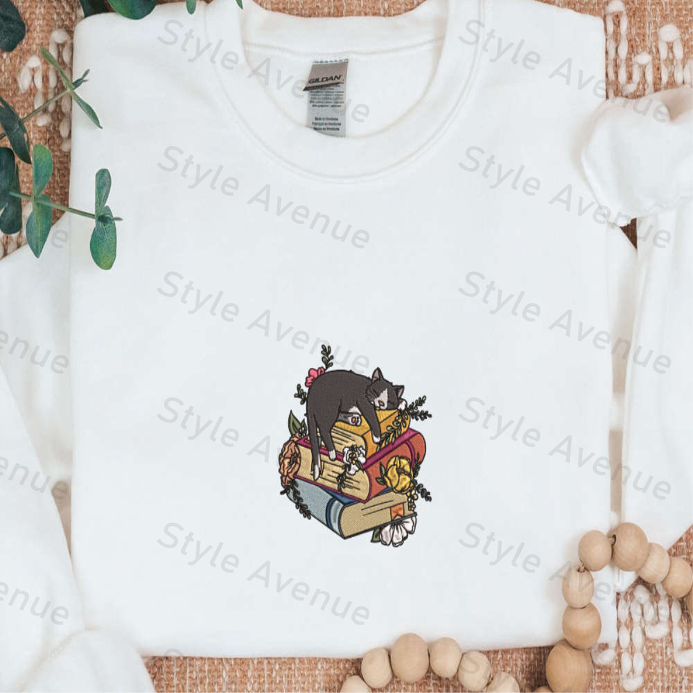 Cute Lying On The Book Cat Embroidery, Unisex Oversize Black Cat Sweater For Cat Lover.jpg