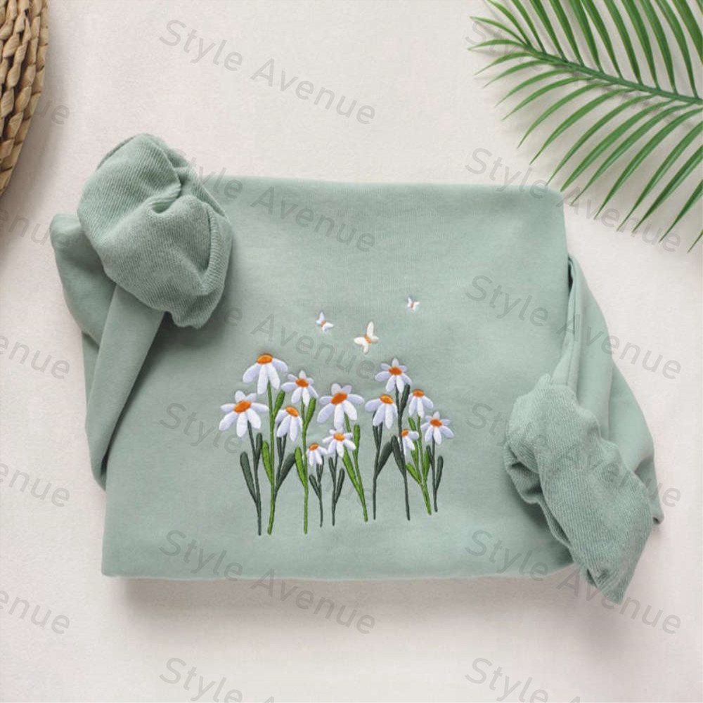 Daisies And Butterfly Embroidered Sweatshirt 2D Crewneck Sweatshirt For Family.jpg