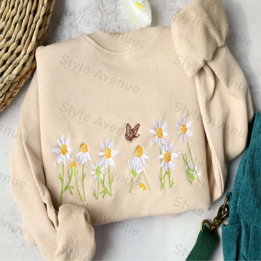 Daisies and butterfly Embroidered Sweatshirt 2D Crewneck Sweatshirt For Women And Women.jpg