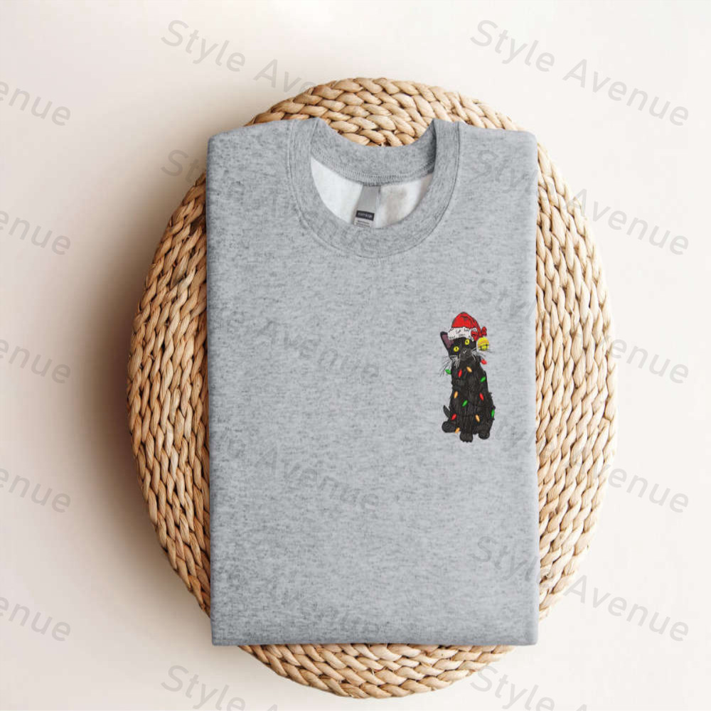 Embroidered Black Cat Santa Christmas Sweatshirt, 2D Crewneck Sweatshirt For Women.jpg