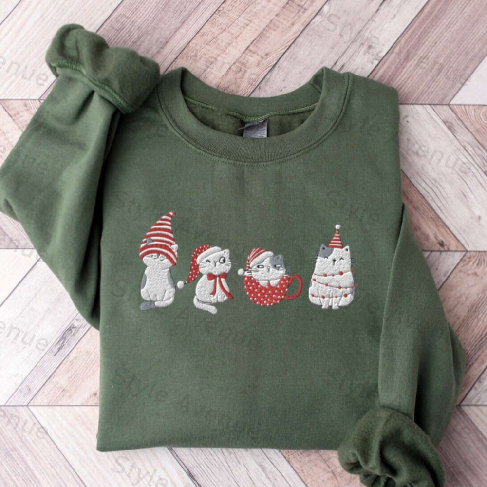 Embroidered Cat Christmas Sweatshirt, Meowy Christmas Sweatshirt, For Cat Lover.jpg