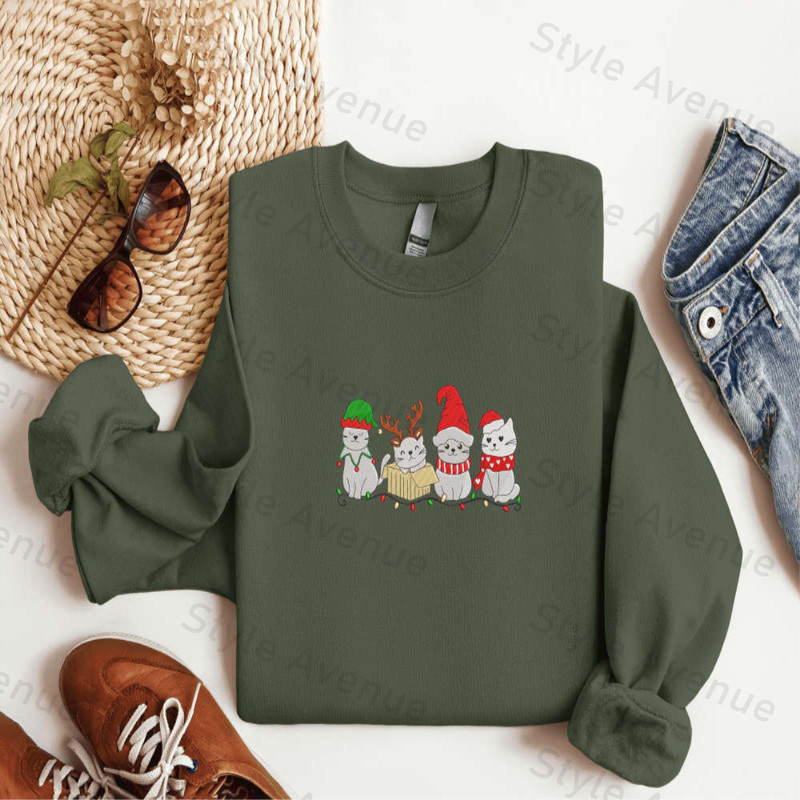 Embroidered Cat Santa Christmas Sweatshirt, Christmas Crewneck Sweater For Family.jpg