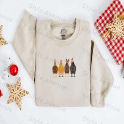 embroidered christmas chickens sweatshirt, chicken farm sweater for family