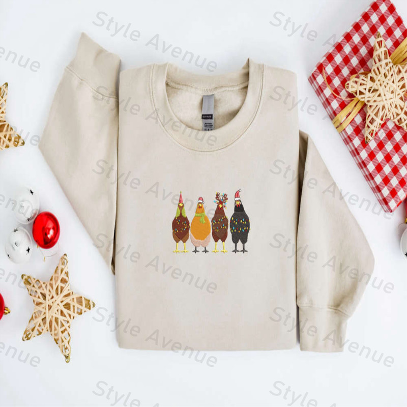 Embroidered Christmas Chickens Sweatshirt, Chicken Farm Sweater For Family.jpg