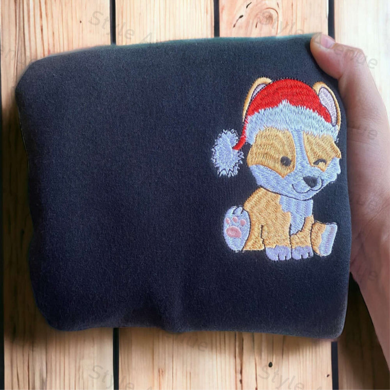 Embroidered Christmas Dog Sweatshirt Embroidered Corgi Santa Dog Christmas Sweater For Family.jpg