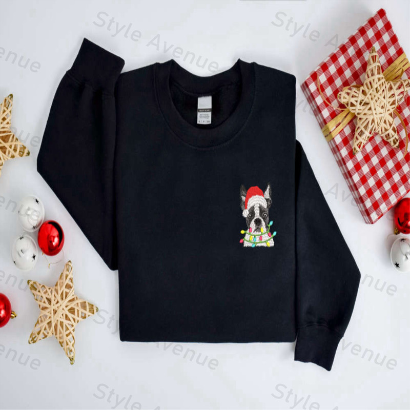 Embroidered Christmas Dog Sweatshirt, Boston Terrier Dog Christmas Sweater For Family.jpg