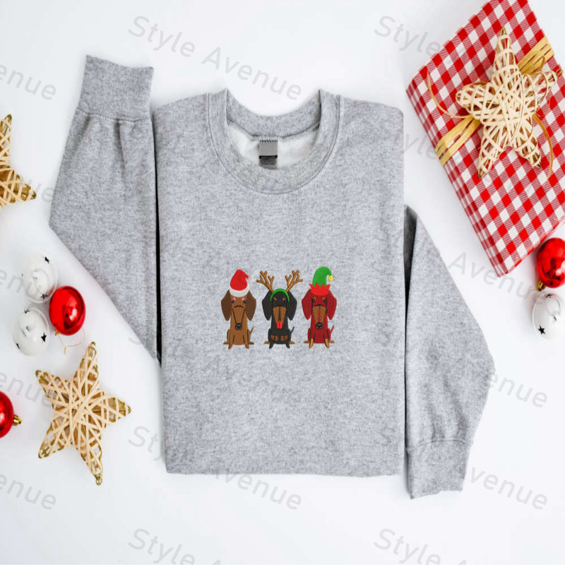 Embroidered Christmas Dog Sweatshirt, Dachshund Dog Sweatshirt For Family.jpg