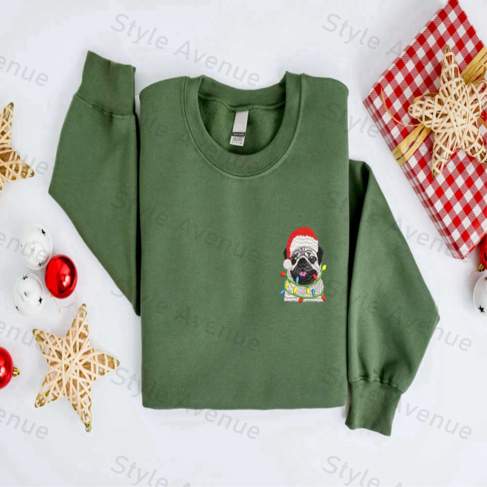 Embroidered Christmas Dog Sweatshirt, Pug Dog Christmas Sweater Shirt.jpg
