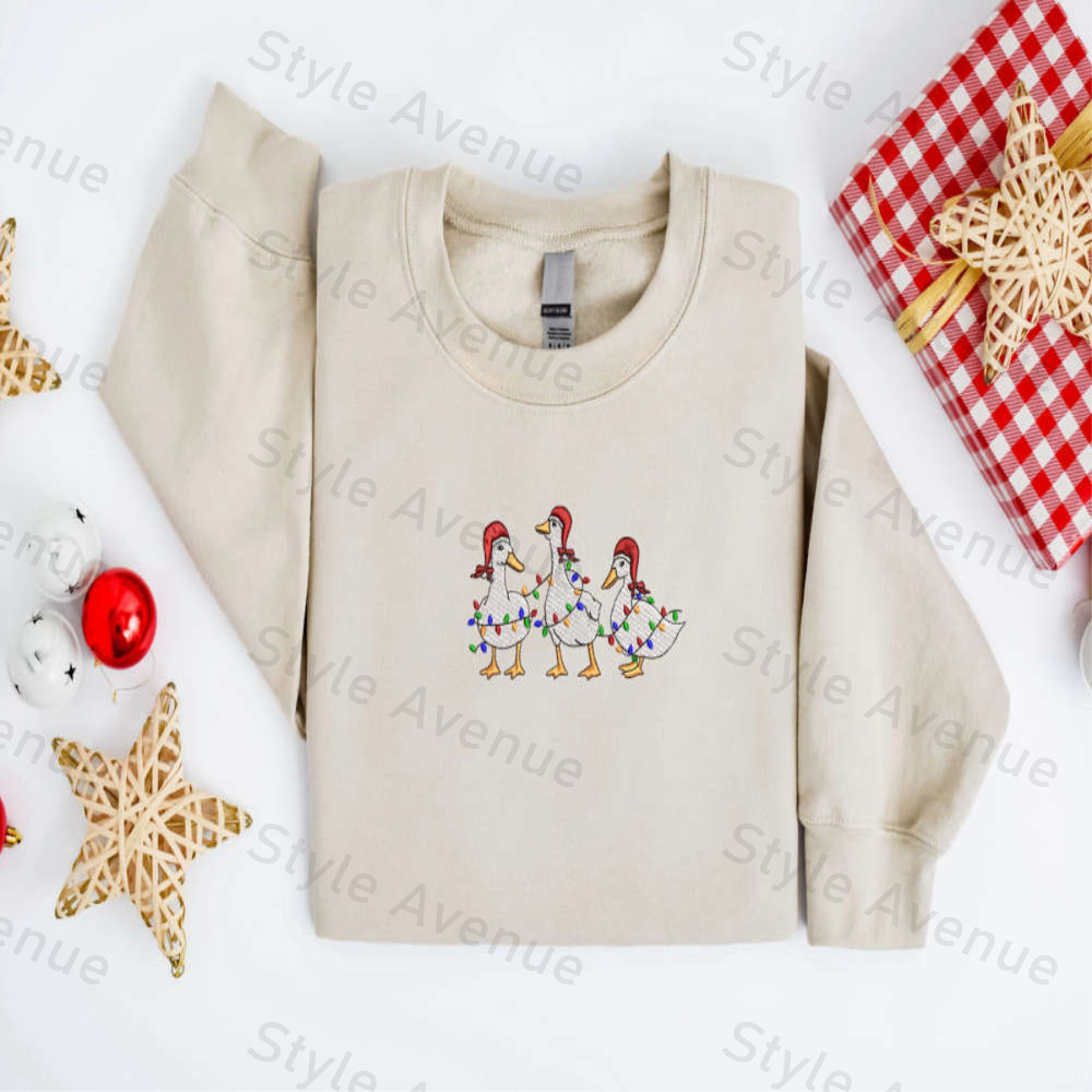 Embroidered Christmas Duck Sweatshirt, Embroidered Duck Christmas Sweater For Family.jpg