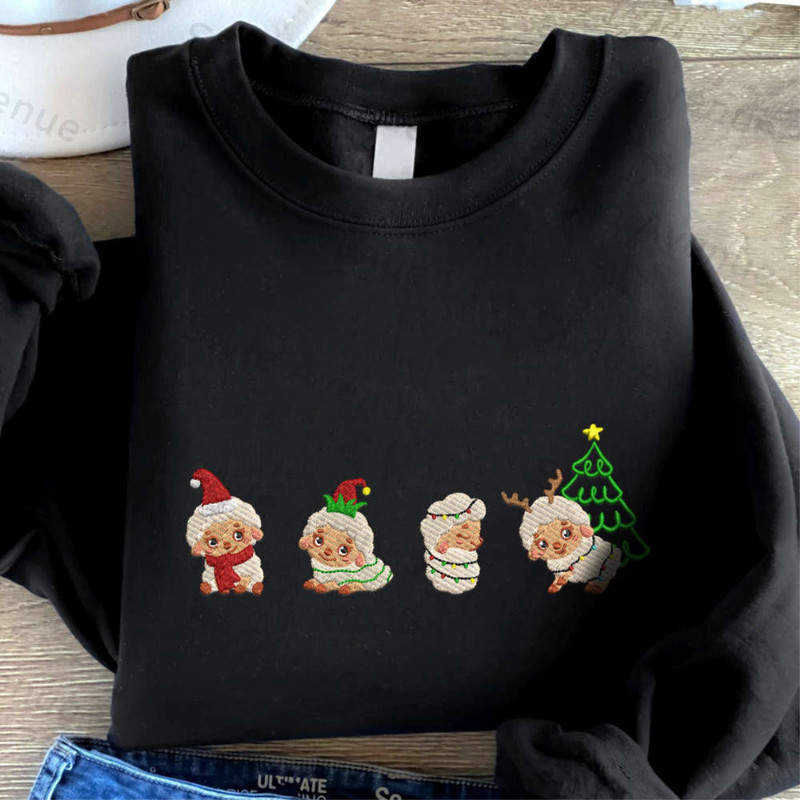 Embroidered Christmas Sheep Sweatshirt, Cute Sheep Embroidered Sweatshirt For Family.jpg