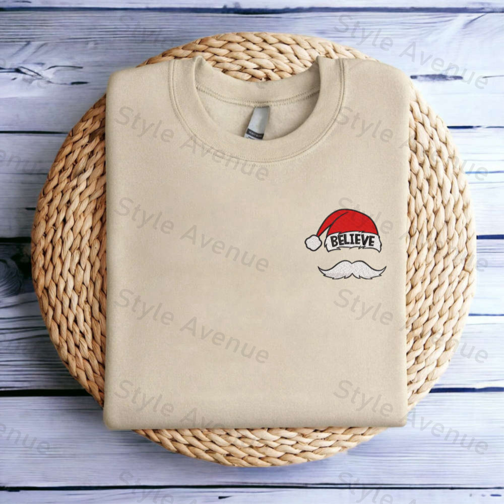 Embroidered Christmas Sweatshirt Believe Santa Hat Mustache Sweatshirt For Christmas.jpg
