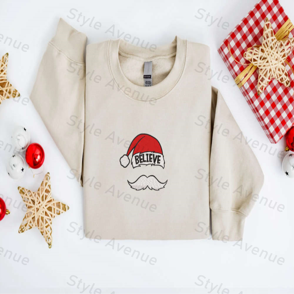 Embroidered Christmas Sweatshirt, Believe Santa Hat Mustache Sweatshirt For Family.jpg