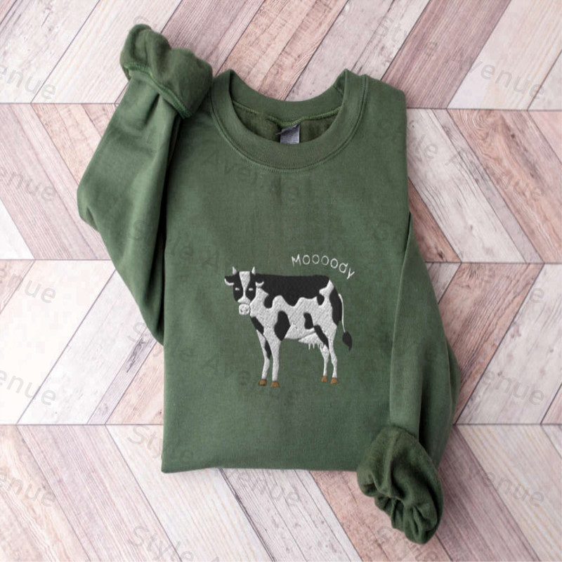 Embroidered Cow Sweatshirt, Moooody Cow Crewneck, Gift For Cow Lovers.jpg