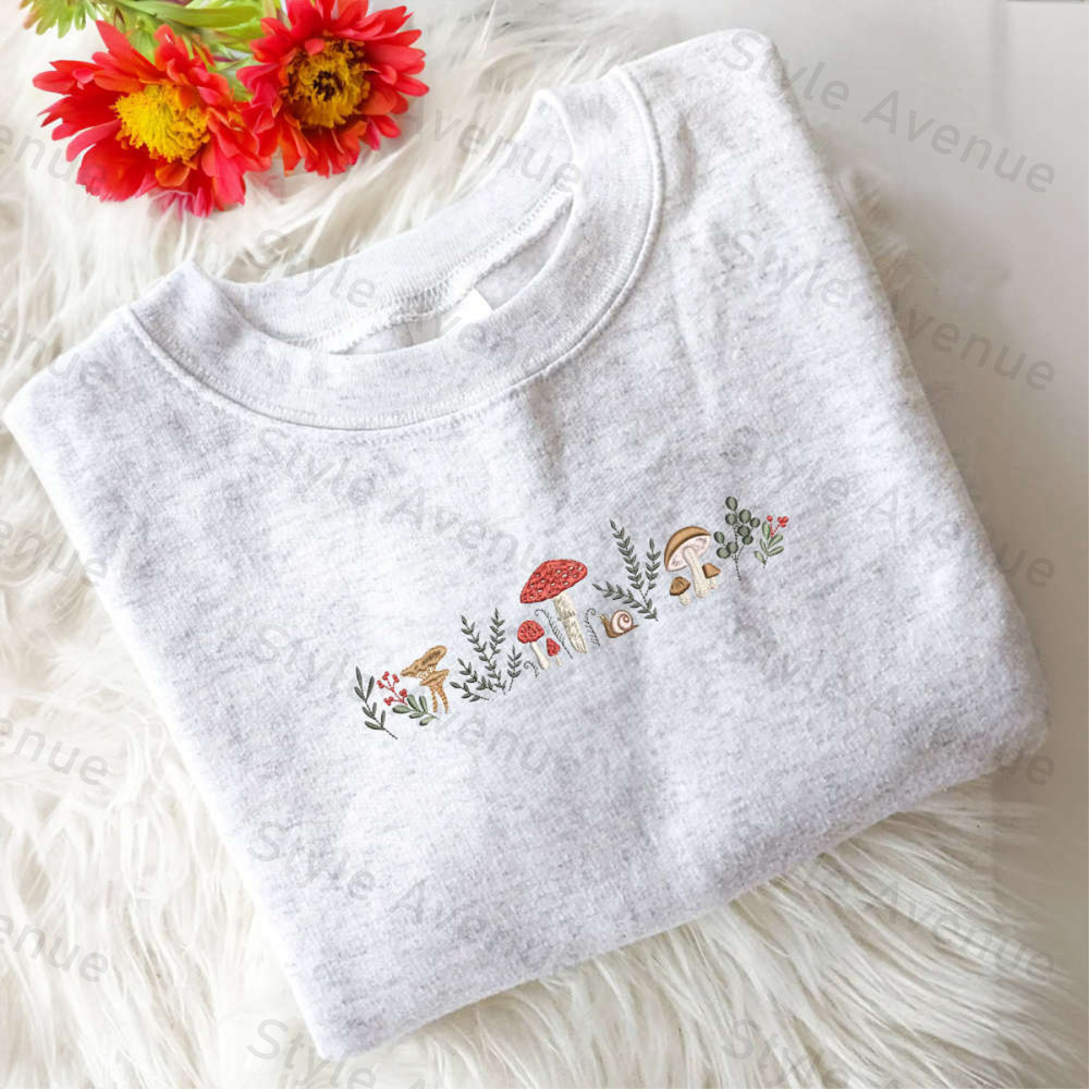 Embroidered Enchanted Forest Mushrooms Sweatshirt, Mushroom Lovers Gift.jpg
