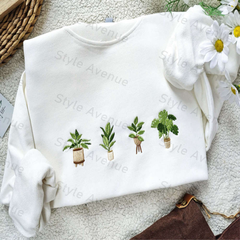 Embroidered Green Potted Plant Sweatshirt, Indoor Plant Gift For Her, Nature Lover Gift.jpg