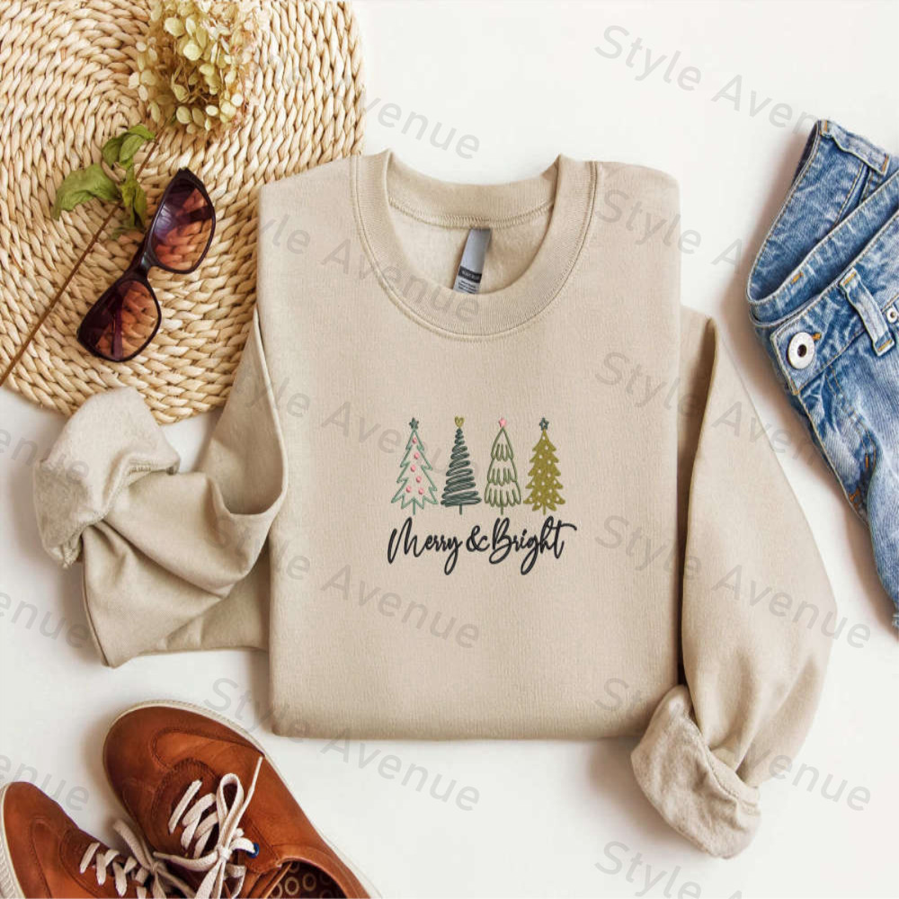 Embroidered Merry and Bright Christmas Sweatshirt, Christmas Tree Sweatshirt For Family.jpg