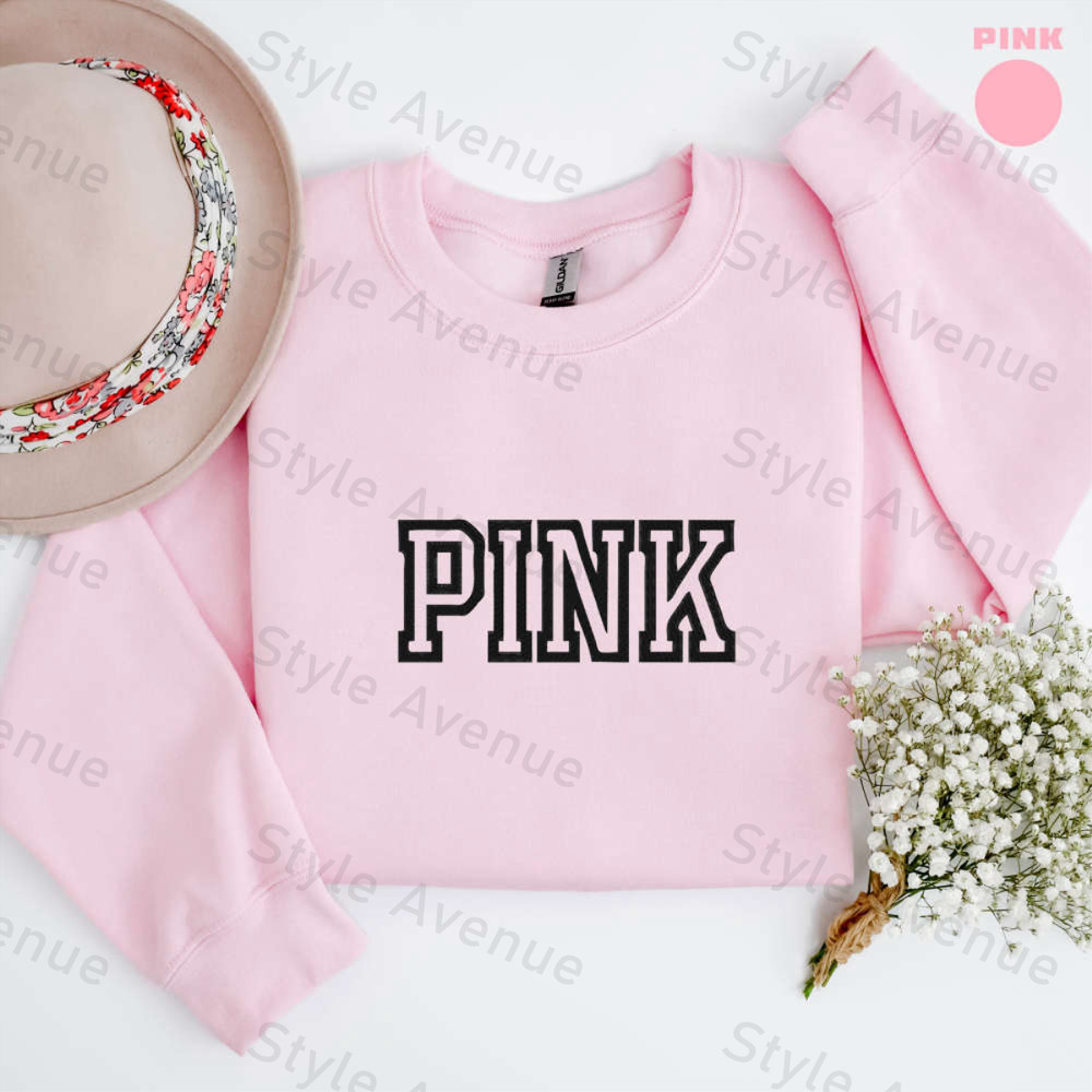 Embroidered Pink Sweatshirt, 2D Crewneck Sweatshirt For Music Lover.jpg