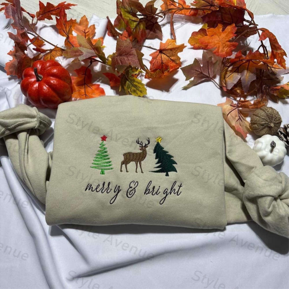 Merry & Bright Christmas Tree Embroidered Crewneck Sweatshirt, Gift For Christmas.jpg