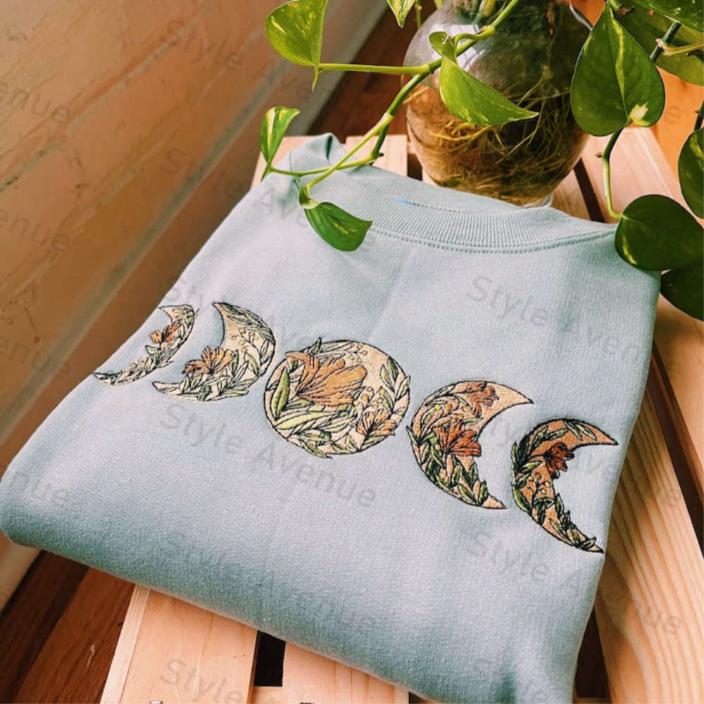 Sage Floral Moon Phase Embroidered Sweatshirt 2D Crewneck Sweatshirt For Family.jpg