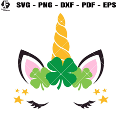 st. patrick's unicorn svg, unicorn face svg, shamrock svg