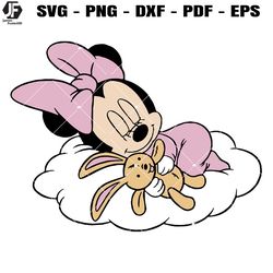 baby minnie hugs rabbit sleeping on the cloud svg, minnie