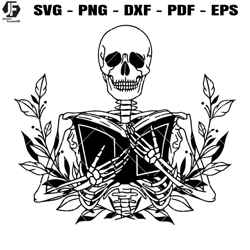 reader bookish skeleton svg, book flowers svg, book lover