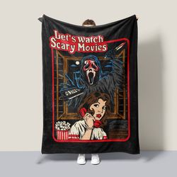 scream movie fleece blanket, let's watch scary movies sherpa or fleece, funny horror film throw blanket, retro ghostface