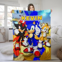 custom sonic the hedgehog blanket, personalized cartoon hedgehog minky sherpa blanket, custom name blanket, birthday bla