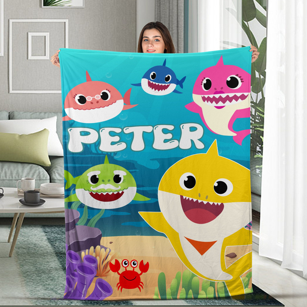 Personalized Baby Shark Fleece Blanket, Baby Shark Family Blanket, Baby Shark Throw Blanket For Couch Sofa, Christmas Gift For Kids BXM127.jpg