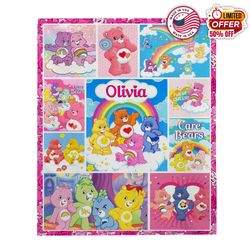 personalized care bears blanket, care bears group characters blanket, care bears birthday gifts, cute bears bedding, chr