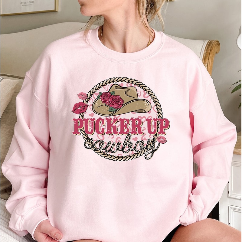 Pucker Up Cowboy Sweatshirt, Funny Valentine's Day Sweatshirt, Cowgirl Sweatshirt, Western Sweater, Valentine Sweatshirt, Western Gift.jpg
