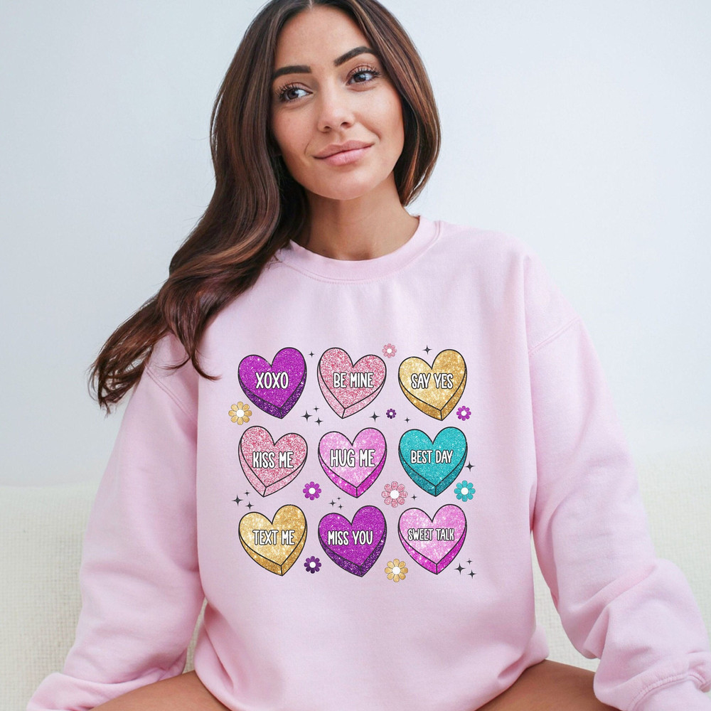 Conversation Hearts Sweatshirt, Womens Valentine Sweatshirt, Valentines Heart Shirt, Faux Glitter Sweatshirt, Glitter Hearts.jpg