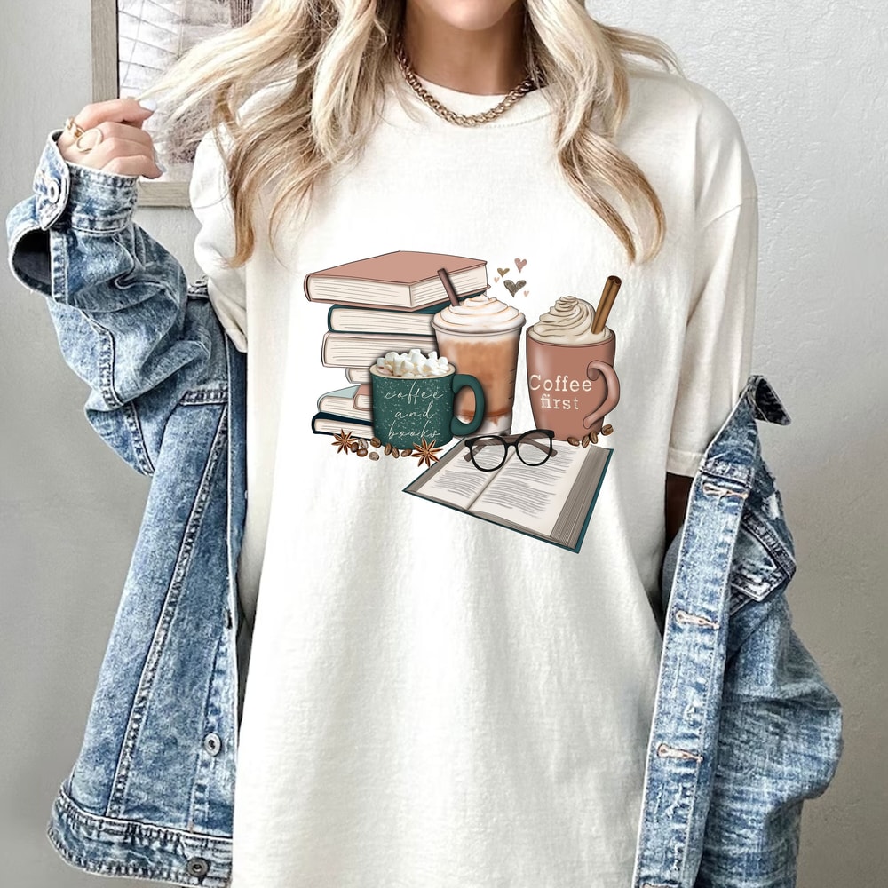 Comfort Colors® Coffee And Bookish T-Shirt, Cinnamon Coffee T-Shirt, First Coffee Shirt, Book Lover Shirt, Gift For Coffee Lover.jpg
