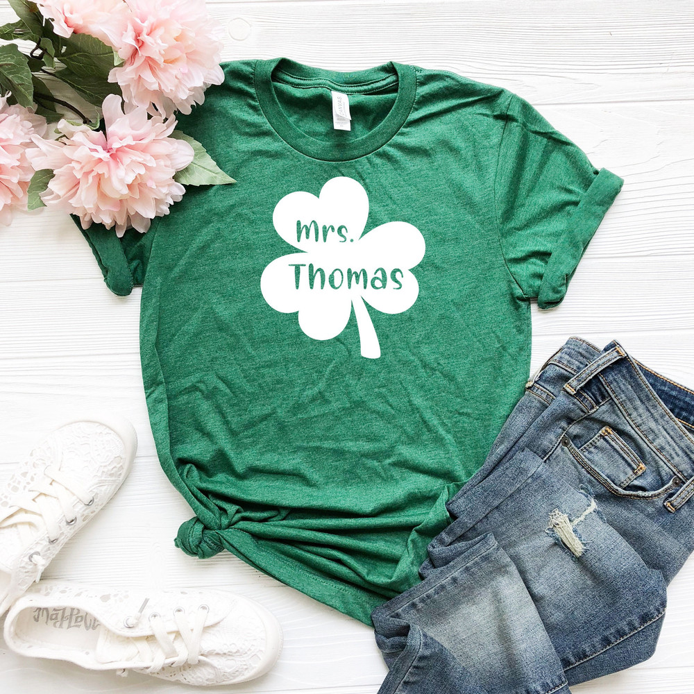 St. Patrick's Day Teacher MsMrs personalized name heather green glitter t shirt -RS181.jpg