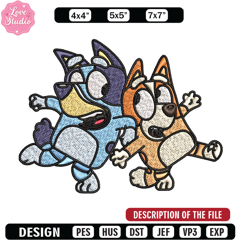 Bingo and Bluey Embroidery, Bluey Embroidery, Embroidery File, cartoon design, cartoon shirt, Digital download.jpg