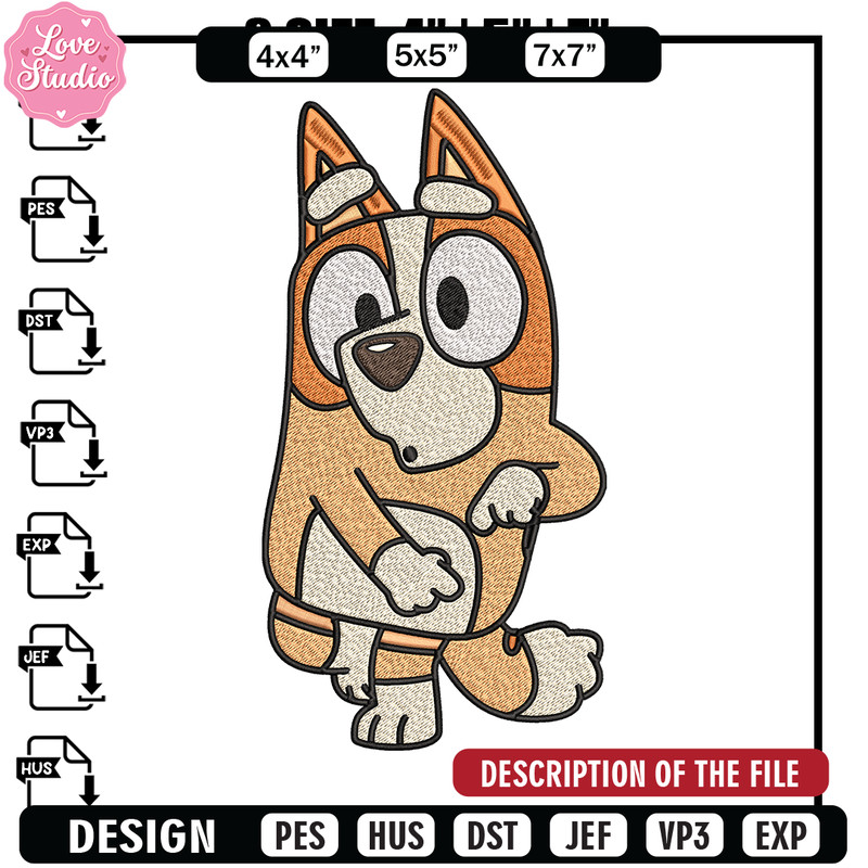 Bingo Heeler Embroidery, Bluey cartoon Embroidery, Embroidery File, cartoon design, cartoon shirt, Digital download.jpg