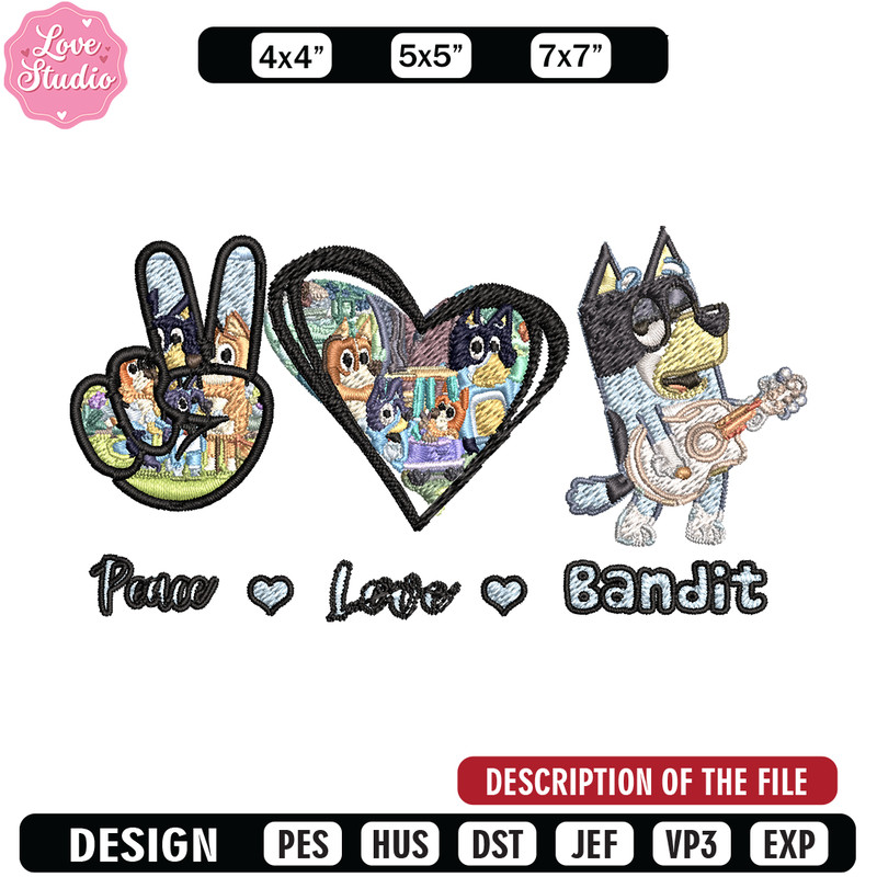 Bluey Peace Love bandit Embroidery design, Bluey cartoon Embroidery, cartoon design, Embroidery File, Instant download 1.jpg