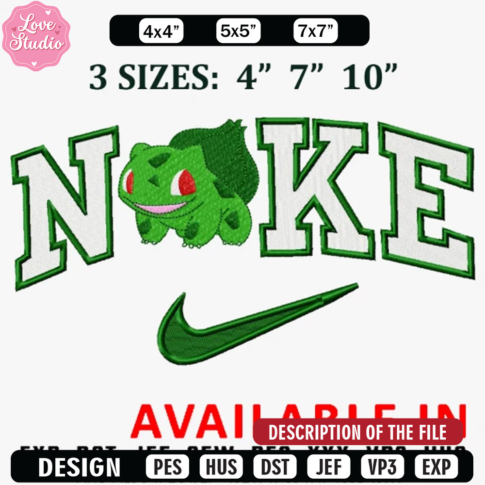 Bulbasaur x nike embroidery design, Brand design, Embroidered shirt, Brand shirt, Brand Embroidery, digital download.jpg