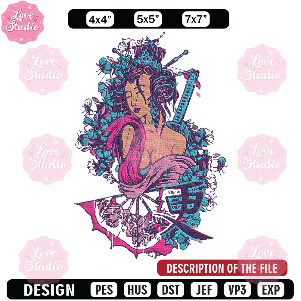 Geisha poster Embroidery Design, Geisha Embroidery, Embroidery File, Anime Embroidery, Anime shirt, Digital download.jpg