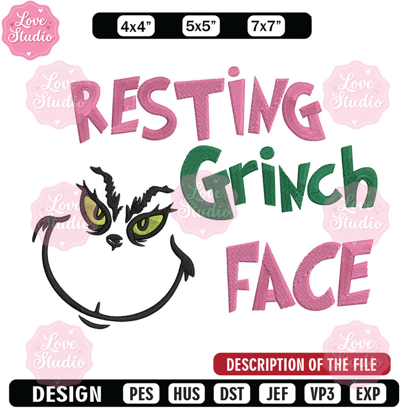 Grinch face Embroidery Design, Grinch Embroidery, Embroidery File, Chrismas Embroidery, Anime shirt, Digital download.jpg