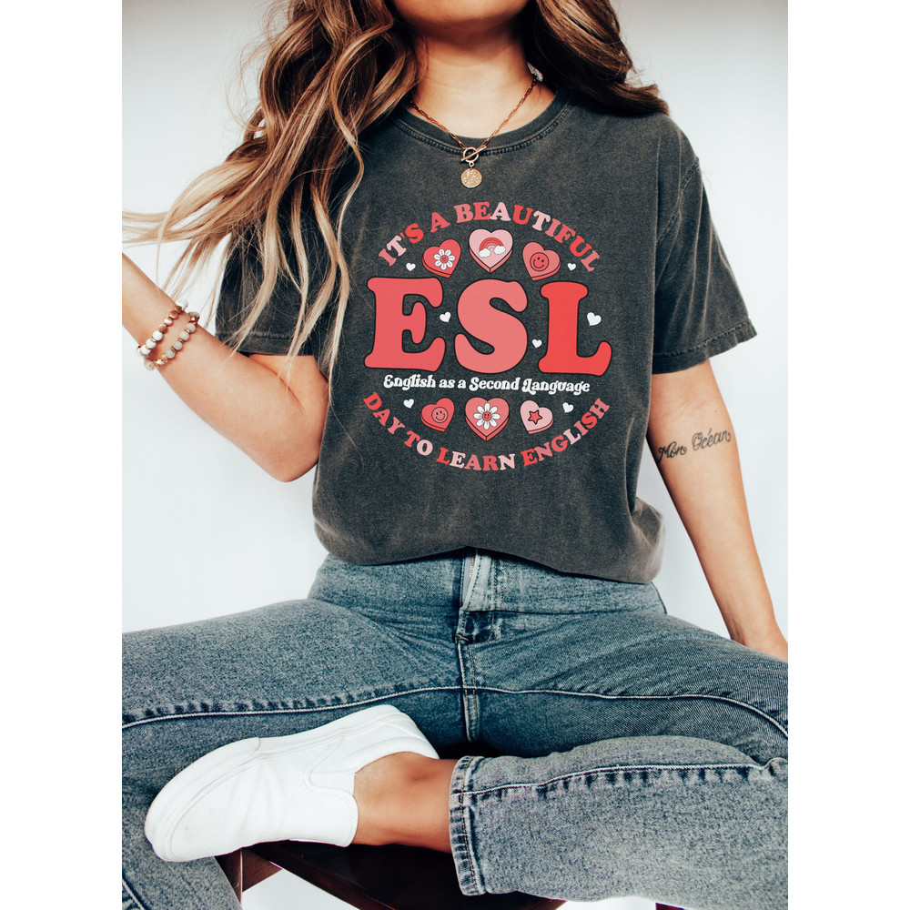 Beautiful Day Learn English ESL Language Teacher Shirt, Valentines Day ESOL Tee, Groovy Shirt, Student Squad, Retro Candy Hearts Cupids Gift.jpg