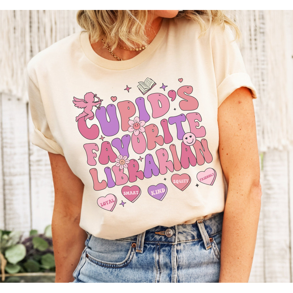 Cupid's Favorite Librarian Shirt, Groovy Valentines Day Tee, Retro Candy Heart Teacher Shirt, Library Matching Books Shirt, Booktrovert Gift.jpg