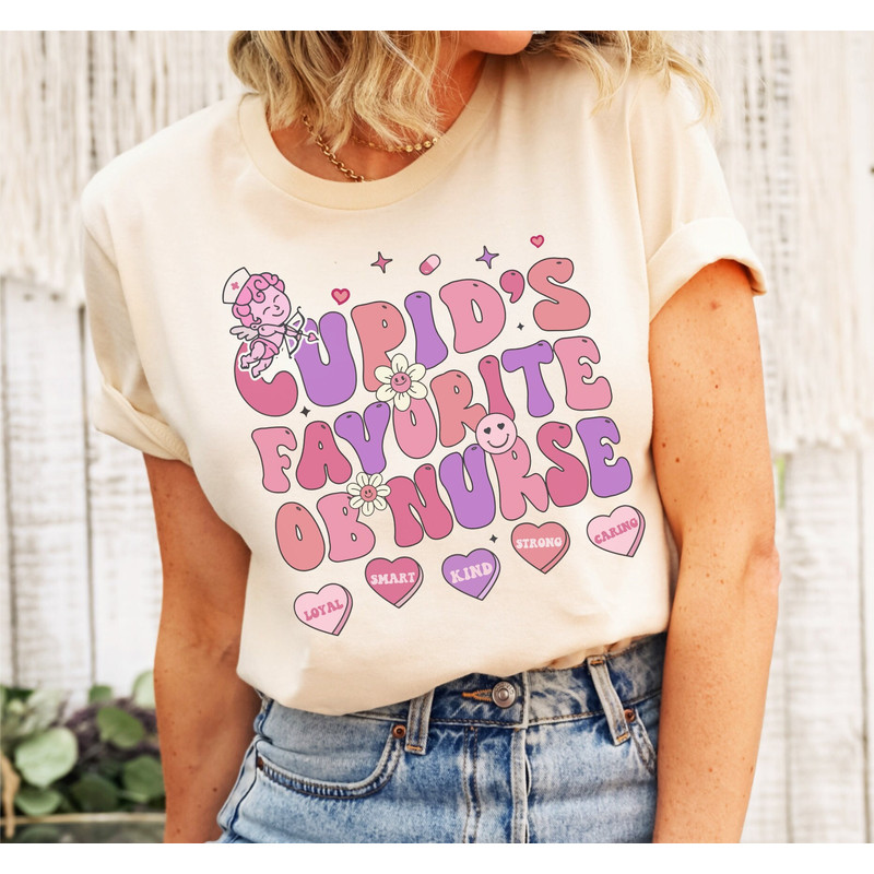 Cupid's Favorite OB Nurse Shirt, Valentines Day Baby Catcher Groovy Tee, Retro Candy Hearts Mom Shirt, Postpartum Nurse Obgyn Doula Y2K Gift.jpg